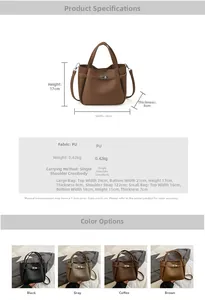 Detailed size chart and specifications for the retro PU leather bucket bag with metal clasp