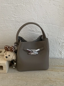Brown litchi grain bucket bag with silver bow buckle and cute teddy bear charm