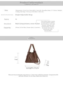 Detailed size chart for retro bucket bag with main and inner pouch dimensions