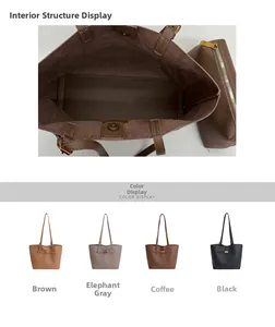 Detail view of large leather tote bag featuring inner magnetic closure and small organizer pouch