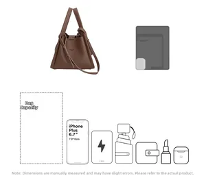 Detailed capacity diagram of a brown bucket bag showing fits for iPhone and daily essentials