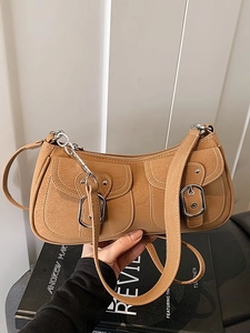 Vintage khaki underarm bag with double front pockets and silver buckle detail