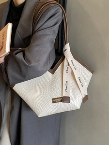 Sac Fourre tout en Cuir PU à Texture Tissée pour Femmes Grande Capacité Vintage Bicolore avec Ruban Décoratif