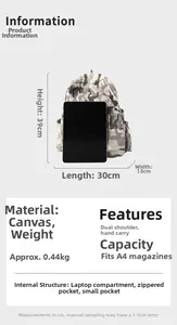 Detailtabelle mit Maßen und Laptopfach-Details für den Camouflage-Leinwandrucksack
