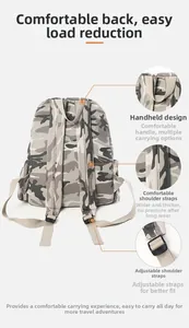 Details zu gepolsterten Schultergurten und Schnallen am Camouflage-Rucksack für Damen