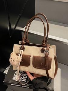 Vintage Women PU Leather Tote Bag With Patch Pockets Plush Bear Pendant Crossbody Fashion Shoulder Bag Daily Handbag