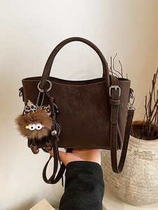 Borsa a Secchiello Vintage in Pelle PU Scamosciata da Donna Con Ciondolo a Mostro Fiocco Leopardato Tracolla Regolabile Borsa Casual