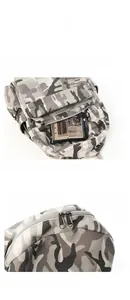 Detailansicht des grauen Camouflage-Rucksacks mit Front-Reißverschluss und Doppelreißverschluss