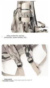 Detail des Camouflage-Rucksacks mit Seitentasche für Wasserflasche und verstellbaren Gurten