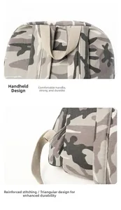 Detail der verstärkten Nähte am Griff des Tarnrucksacks und die dreieckige Trägerstruktur