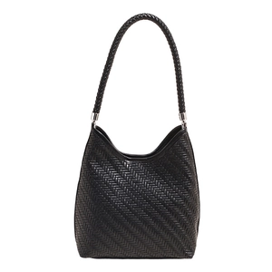 Minimalist black woven hobo bucket bag with a stylish cylindrical shoulder strap