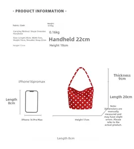Detailed size chart of red polka dot nylon bucket bag with iPhone 16 Pro Max comparison
