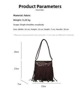 Detailed size chart of dark brown fabric crossbody bag with long tassels and embroidery
