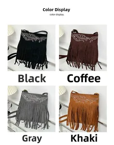 Bohemian suede crossbody bags with feather embroidery and tassels in four colors