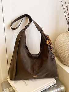Retro large brown hobo tote bag with wooden bead tassels and adjustable shoulder strap