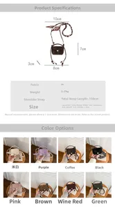 Detailed size specifications and 8-color palette display for mini PU leather crossbody bag