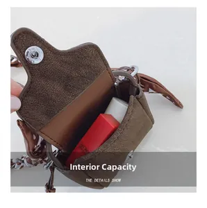 Internal capacity of mini leather bag showing lipstick inside with snap closure detail