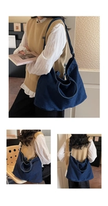Détail d'un grand cabas en jean montrant plusieurs styles de porté avec doubles sangles