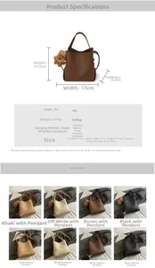 Size chart and color display for minimalist PU leather bucket bag showing 8 grid colors