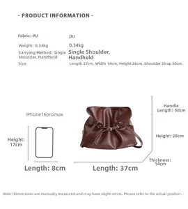 Detailed size chart for brown pleated PU tote bag with dimensions and 0.34kg weight info