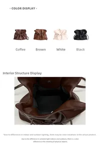 Detail view of the drawstring bucket bag internal structure and four available colors