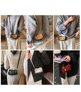 Quilted leather small square bags in four colors shown with crossbody styling on models