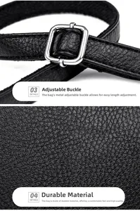 Close-up of adjustable silver buckle and black lychee grain leather strap detail