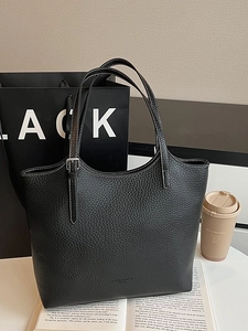 Classic black litchi pattern tote bag with white stitching and silver buckles for women
