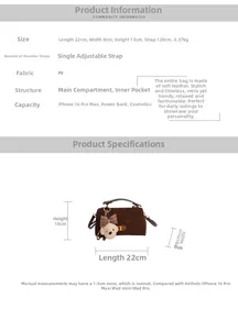 Size guide for retro dark brown faux suede crossbody bag with 22cm length and charms