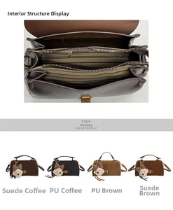 Detailed interior of vintage suede handbag with zippered pocket and color variants display