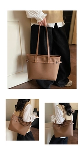Vues détaillées du sac cabas en cuir marron avec rivets argentés et fines lanières