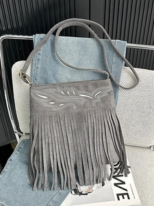 Vintage Bohemian Faux Suede Fringe Crossbody Bag For Women Rhinestone Leaf Embroidery Tassel Shoulder Bag Daily Party Handbag