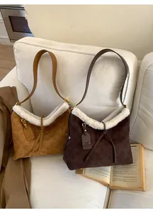 Detailed view of vintage monogram tote bags with faux fur trim in brown and coffee colors