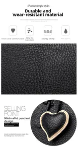 Detail of waterproof lychee grain leather tote bag with heart charm and white stitching