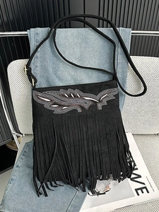 Bohemian black frosted faux suede crossbody bag with fringe and silver wing embroidery