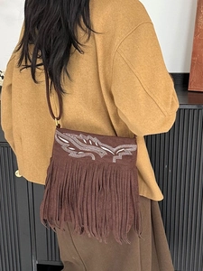 Retro dark brown suede crossbody bag with bohemian embroidery and long tassels for women