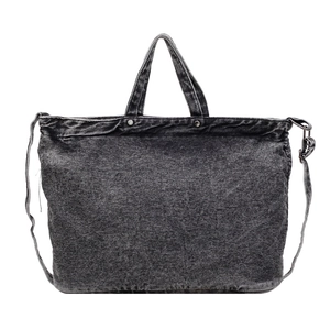 Deep grey stone-washed denim tote bag with dual handles and adjustable shoulder strap