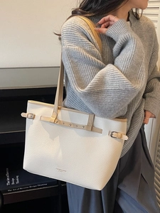 Sac Cabas Femme en Cuir PU Grande Capacité Texture Litchi Décoration de Rivets Sac à Épaule avec Fermeture Éclair pour Travail Navette