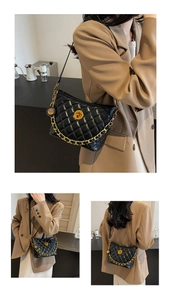 Detailed views of a black quilted shoulder bag with gold chain strap and metal lock