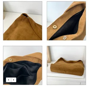 Détails du sac cabas en daim marron avec fermeture magnétique et poche zippée interne