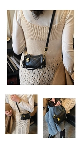 Black quilted crossbody bag with golden clasp shown in various model perspectives