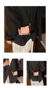 Three-way view of a pink quilted mini bag with gold buckle on a stylish model