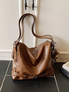 Vintage brown large capacity faux leather shoulder bag with leopard print bow charm accessory