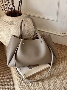 Large taupe lychee grain leather tote bag for women with handles and shoulder strap