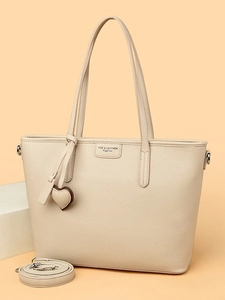 Beige litchi leather large capacity tote bag with heart charm and shoulder strap