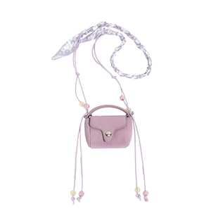 Mini lavender suede leather crossbody bag with silk scarf strap and bead accents