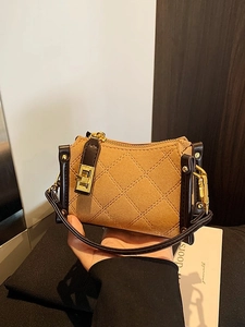 Retro diamond lattice suede handbag in caramel brown with vintage twist lock closure