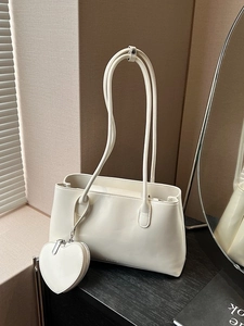 Women Glossy PU Leather Shoulder Bag With Heart Shaped Coin Purse Minimalist Rectangular Tote Bag Retro Fashion Handbag