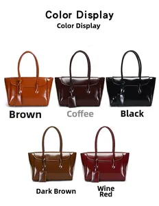 Detailed color display of vintage glossy leather tote bags in five assorted colors