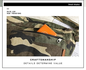 Detail view of camouflage canvas crossbody bag featuring a metal zipper and fashion patch